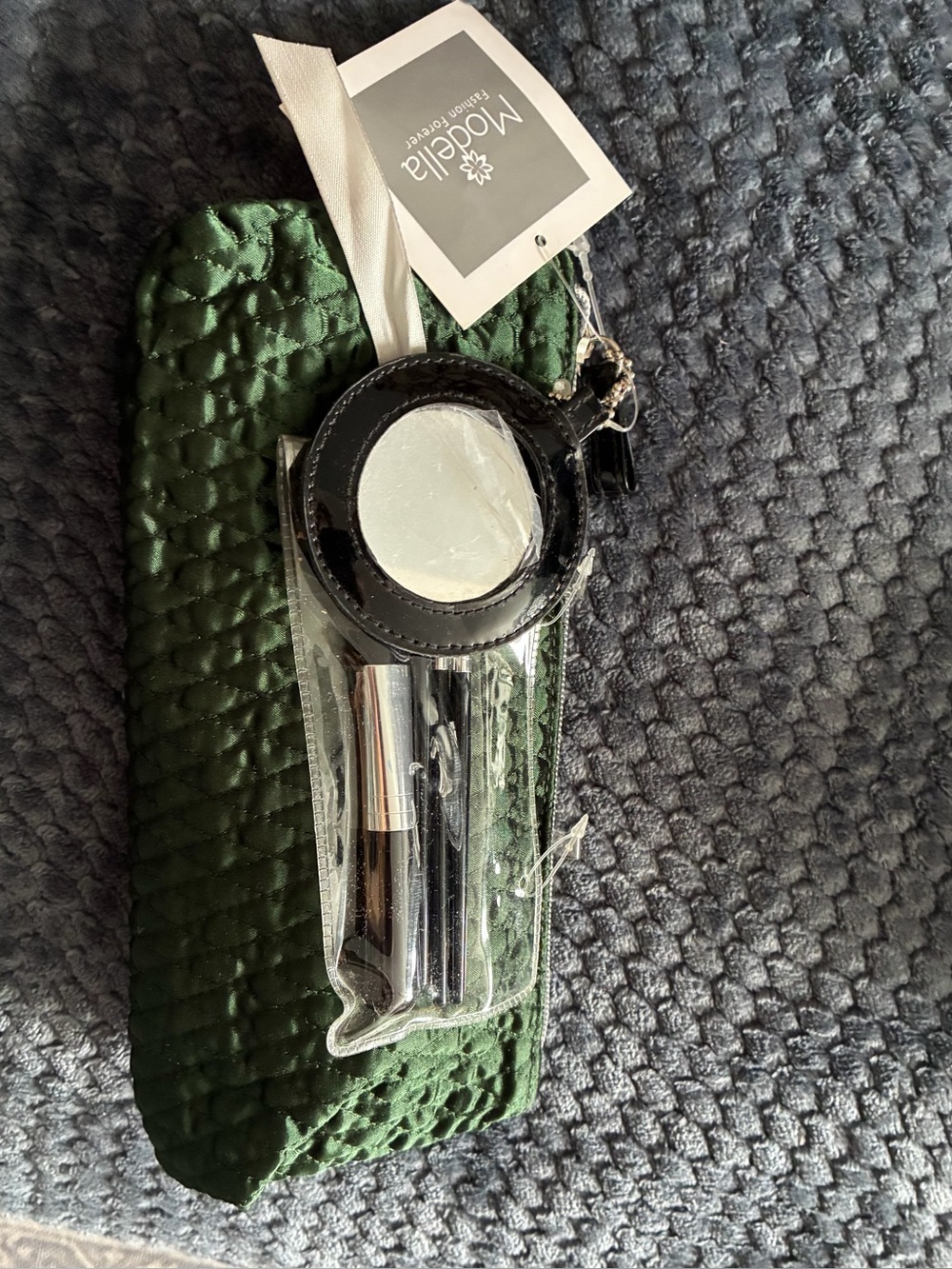 Modella Green Quilted Cosmetic and/or Phone Pouch with Mirror